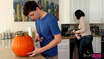 Teen Blonde Caught Riding A Pumpkin While Her Stepbrother Is Fucking It